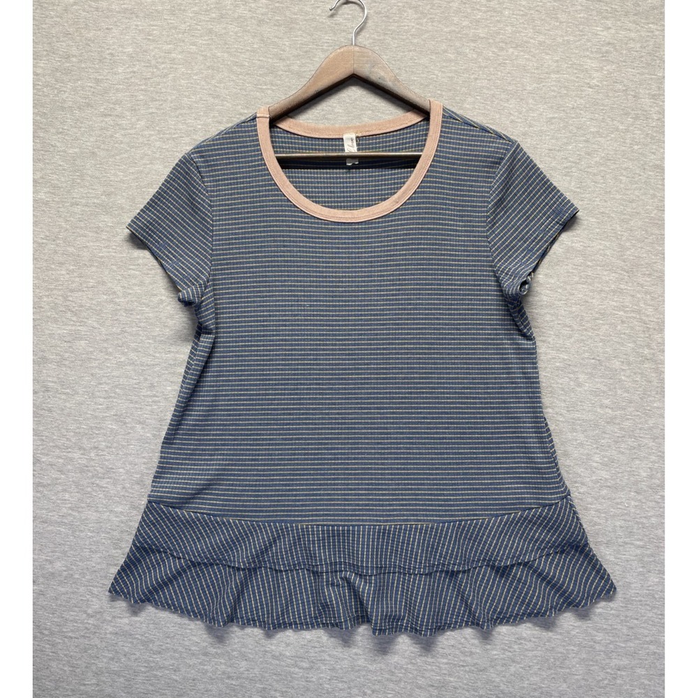 L Love Peplum Blouse Top Women Small Blue Yellow Striped Ribbed Knit Ruffled Hem